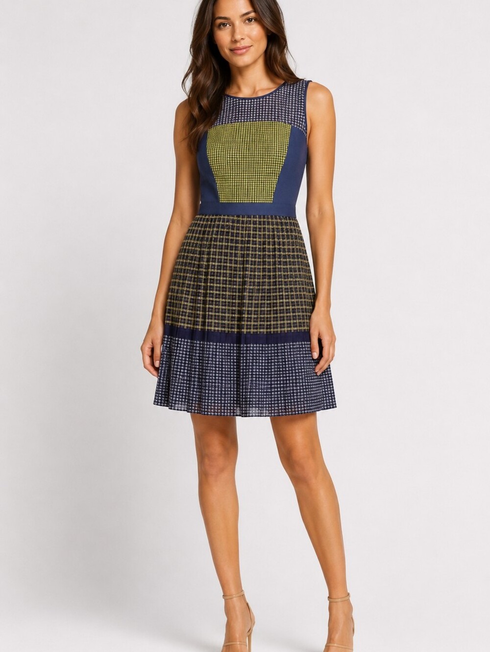 Halogen Pleated A-Line Midi Dress Gray Yellow Size 4